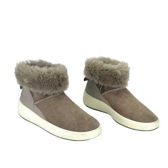 Ecco Women Taupe Winter Boot Size 5-5.5 Leather Shearling Lined Foldable Bootie - Picture 2 of 16